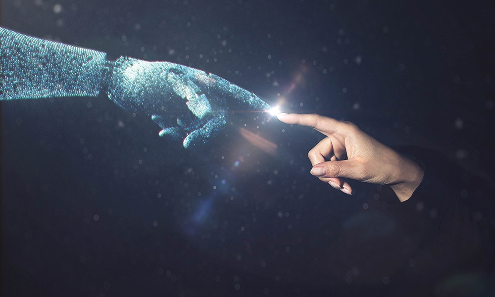 AI hand touching real human hand